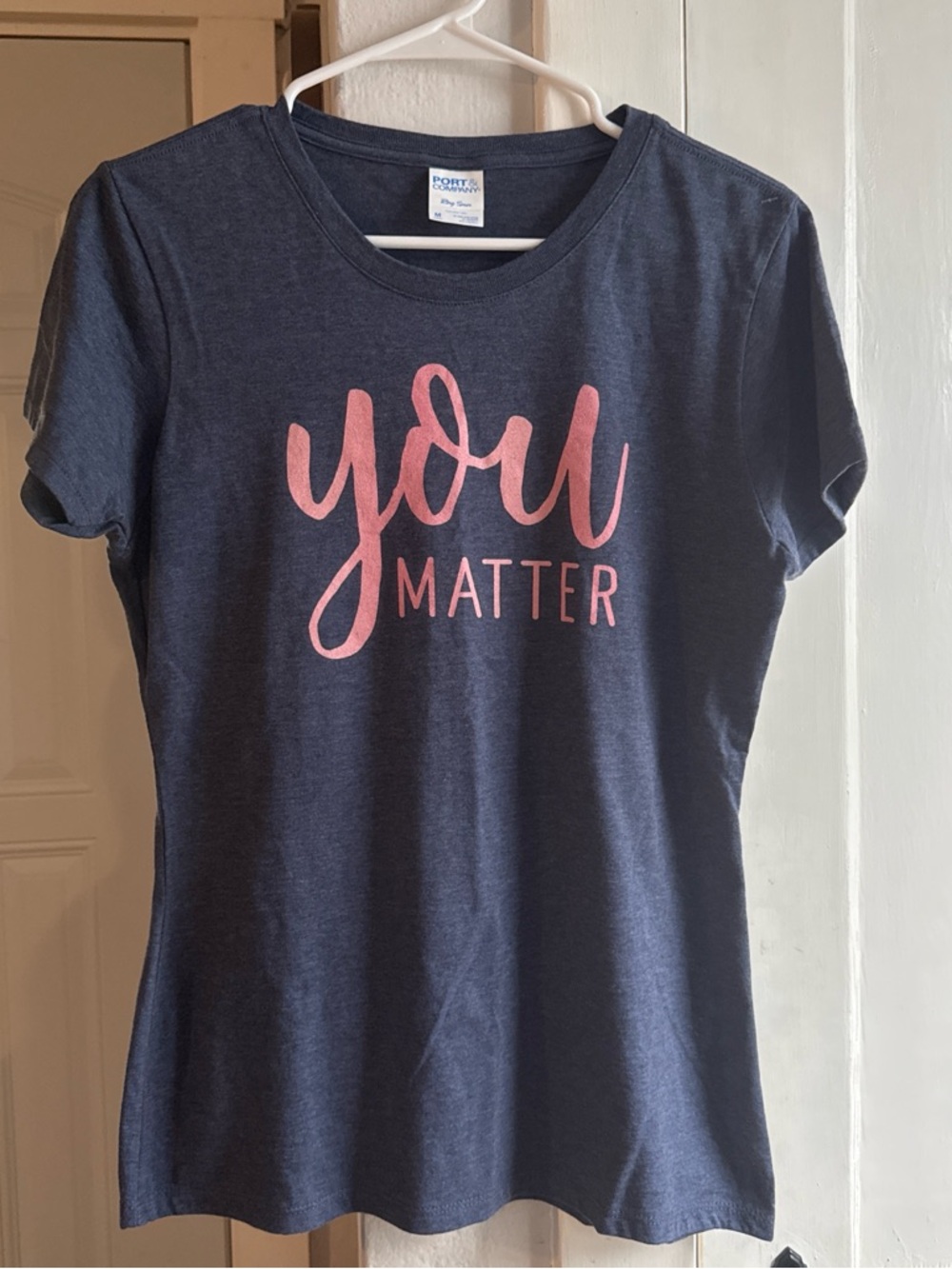 Port and Company Navy Short Sleeve Tee with Pink "You Matter" Graphic